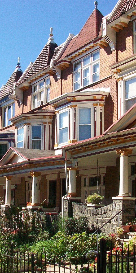 Ornate rowhouses with lush front gardens in Baltimore