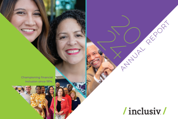 Cover of the 2024 annual report showing smiling CU staff and members on a color-blocked background